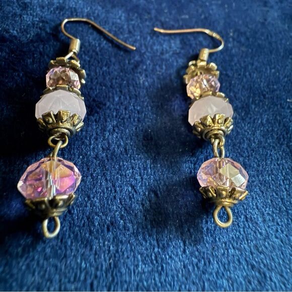 VINTAGE-INSPIRED DANGLE EARRINGS – STERLING HOOKS & PINK FACETED BEADS - Picture 10 of 17